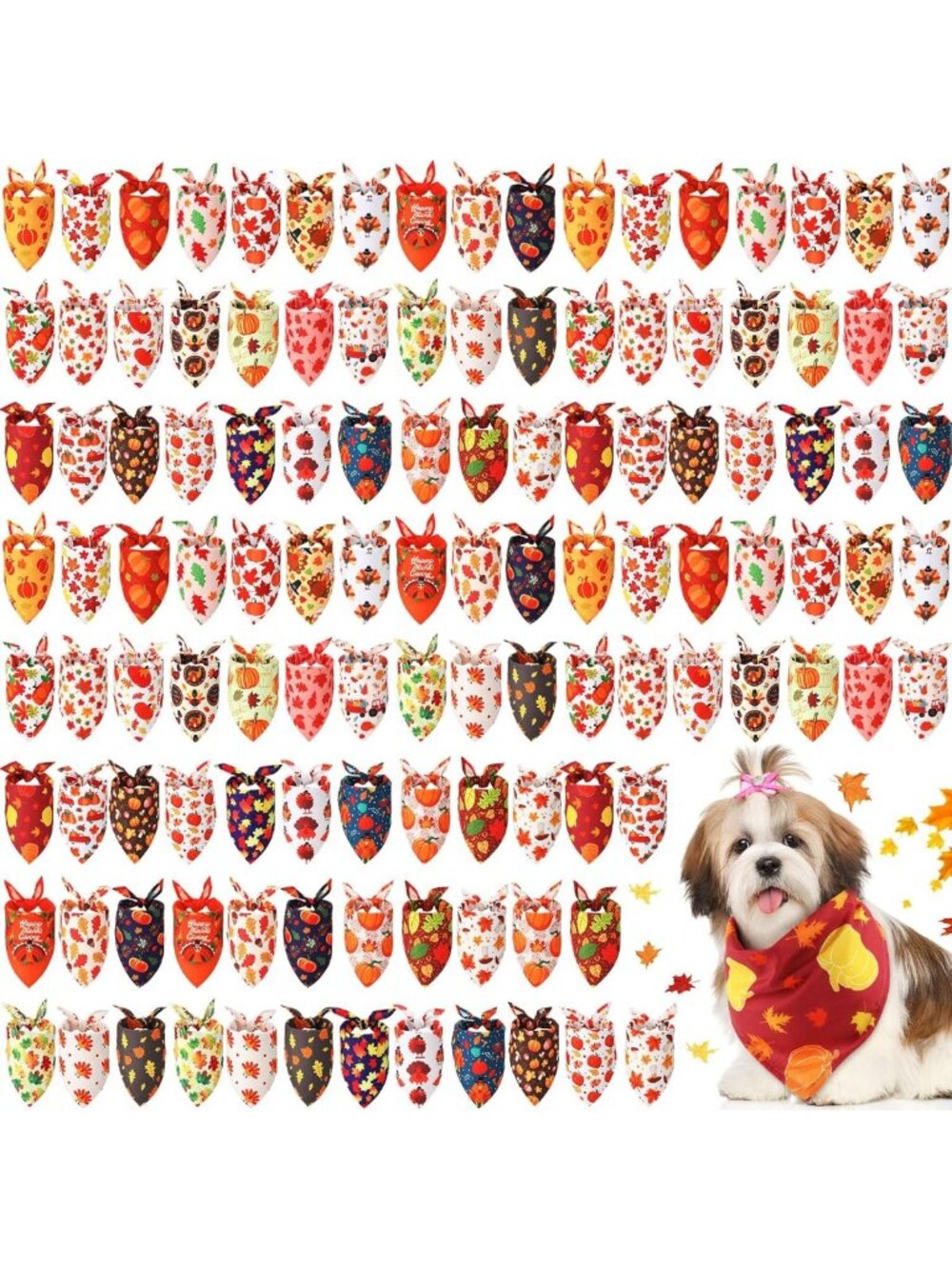 120 Pcs Fall Dog Bandanas Set - Thanksgiving Pumpkin & Maple Leaves Designs